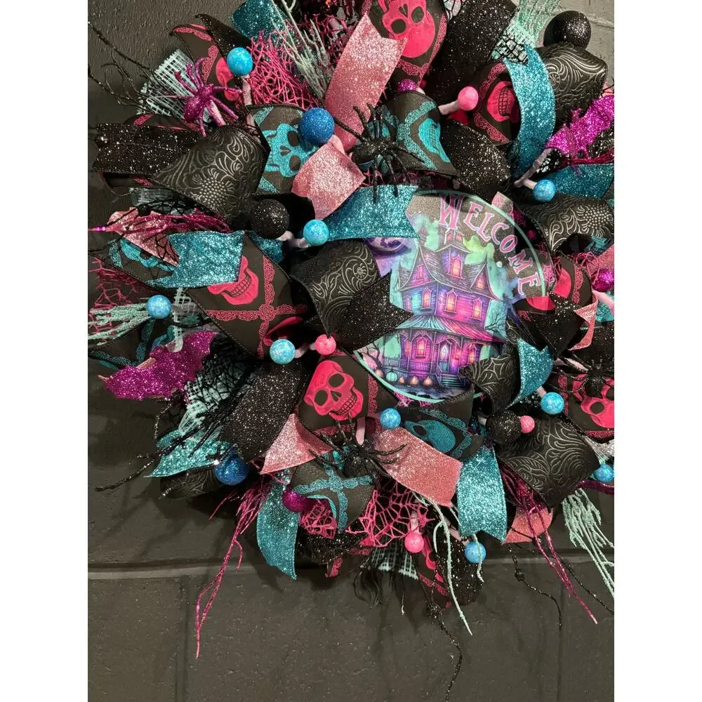 Halloween Wreath for Front Door Black and Pink Haunted House 30 inch
